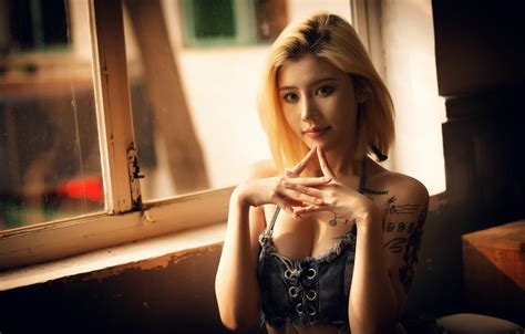 Wallpaper Asian Model Tattoo Women Window Brunette Top Denim For Mobile And Desktop