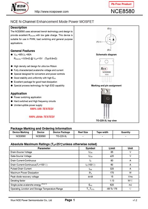 NCE8580 Datasheet NCE N Channel Enhancement Mode Power MOSFET