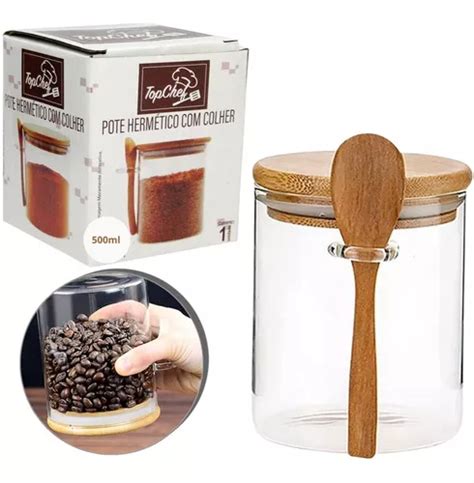 Pote Vidro Hermético Tampa E Colher Bambu 500ml Top Rio