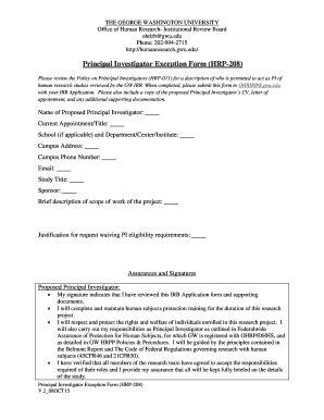 Fillable Online Humanresearch Gwu Principal Investigator Exception Form