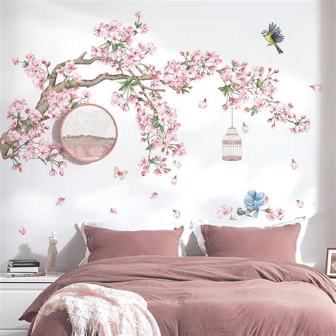 Decalmile Cherry Blossom Tree Branch Wall Decals Pink Flower Birds Wall