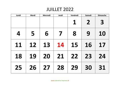 Calendrier Juillet 2022 à imprimer