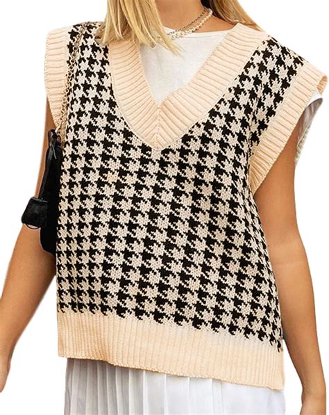 Women Argyle Sweater Vest Y2K Plaid Knit Sleeveless Streetwear Preppy V