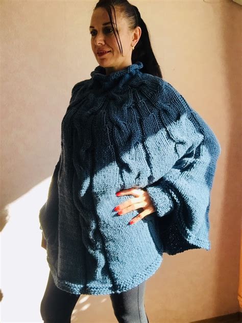 Blue Knit Poncho Sweater Women Plus Size Chunky Wool Winter Etsy