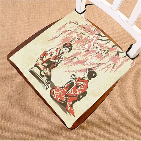 Phfzk Asian Chair Pad Japanese Lady Wearing Kimono With Cherry Blossom