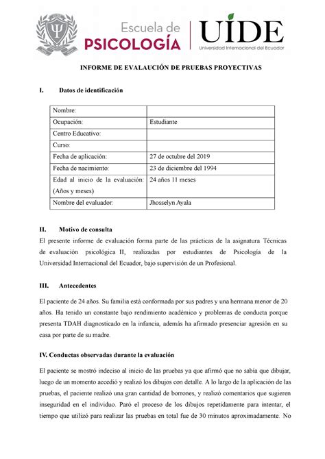 Ejemplo De Informe De Evaluación Psicológica Con Pruebas Proyectivas Htp Familia Lluvia