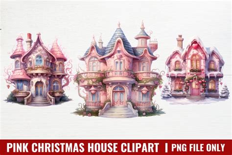 Pink Christmas House Watercolor Clipart