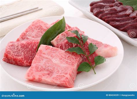 Japanese Marbled Meat Kobe Beef On A Plate Tokyo Japan Close Up