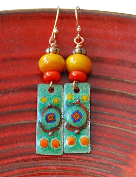 Bright Summer Enamel Earrings Lampwork Glass Bead Earrings Orange Green Lampwork Earring