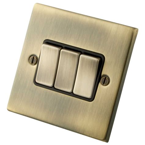 M2 Decorative 10a 3 Gang 2 Way Light Switch Black Insert Antique Brass