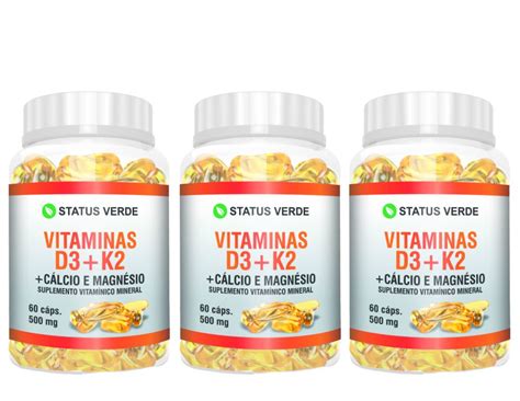 Kit 3 Vitaminas D3 K2 Cálcio e Magnésio 180cáps 500mg Status Verde