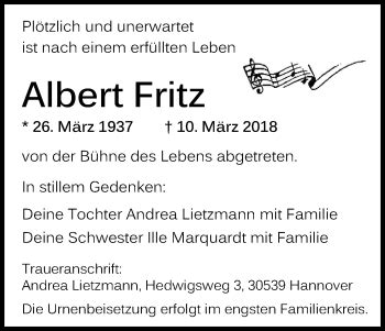 Traueranzeigen Von Albert Fritz WirTrauern