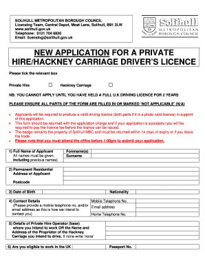 Fillable Online Solihull Gov New Application For A Private Hire Hackney