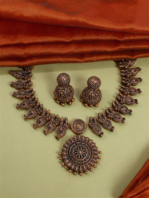 Antique Copper Colour Mango Design Handmade Terracotta Necklace Set