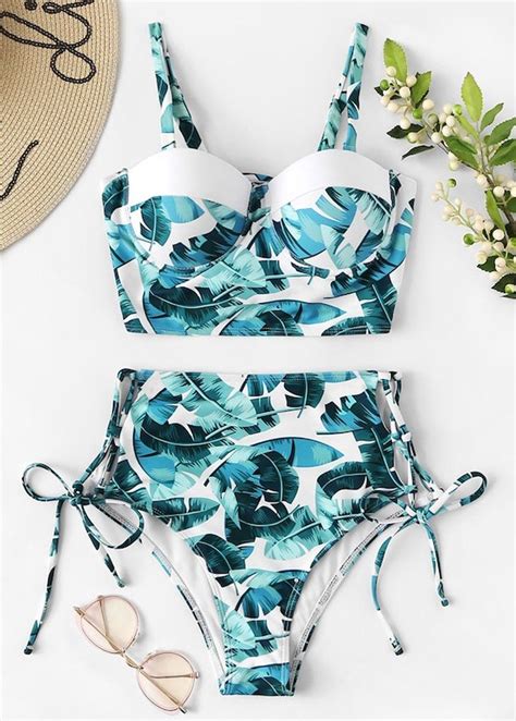 High Waist Leaf Printed Bandeau Bikini Set Yeezim Side Tie Bikini