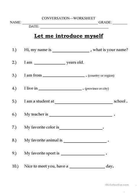 All About Myself Worksheet