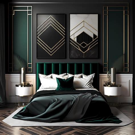 Premium Photo | A bedroom with a green and black bed and gold pillows.