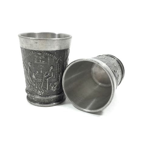 Pair Of Vintage Pewter Shot Glasses With Medieval Pub Scene