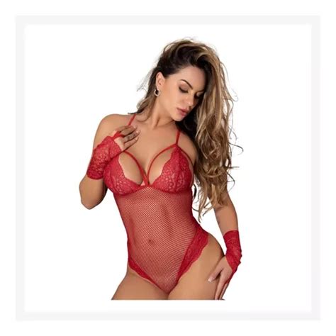 Lingerie Body Sexy Renda Feminina Sedutora Luvas Sensual