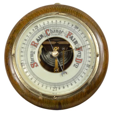 1930s English Aneroid Barometer Made Of Turned Wood Brass And Glass