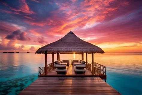 Captivating Maldives ocean beach sunset. Generate Ai