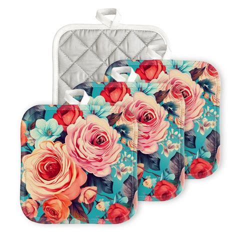 Bahomeck Pot Holder 4Pcs Roses And Peonies In Pastel Colors Square Heat Resistant Hot Pads For