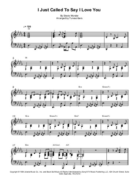 I Just Called To Say I Love You Arr Tunescribers By Stevie Wonder Sheet Music For Piano Solo