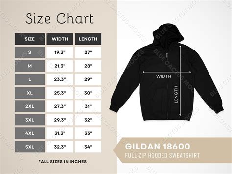 Gildan 18600 Size Chart Sizing Guide For Full Zip Hooded Sweatshirt  Design Template