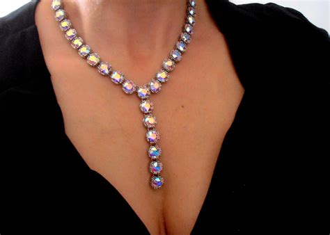 Aurora Borealis Swarovski Crystal Necklace Art Deco Long Etsy