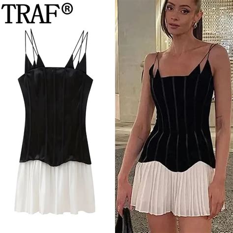 TRAF Pleated Patchwork Black Dress Woman Sleeveless Slip Mini Dress