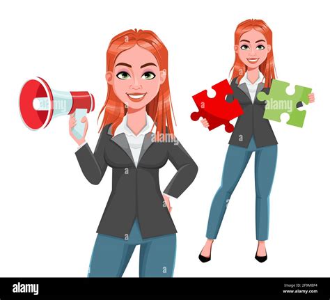 Beautiful Business Woman Set Of Two Poses Cheerful Businesswoman Cartoon Character Stock