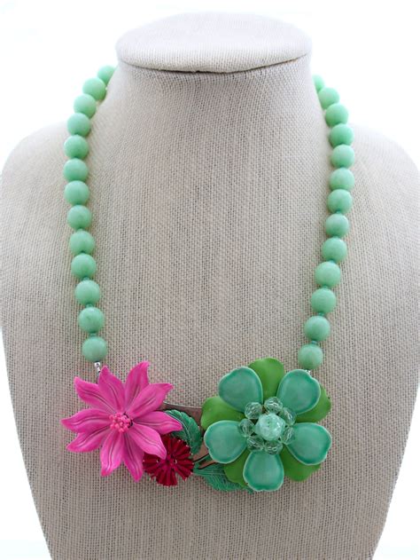 Mint And Fuchsia Flower Necklace Fuchsia Flower Flower Necklace