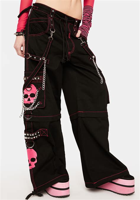 Tripp NYC Skull Studded Zip Off Wide Leg Pants - Black/Pink | Dolls Kill