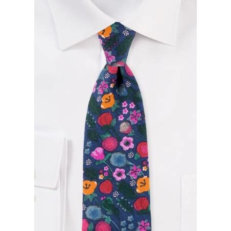 Navy Floral Tie Colorful Flower Print Tie In Skinny Cut Bows N Ties