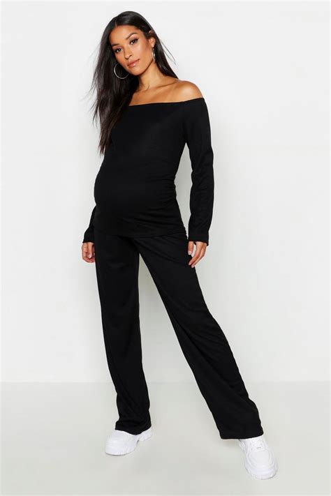 Womens Maternity Knitted Bardot Wide Leg Lounge Set Boohoo Uk