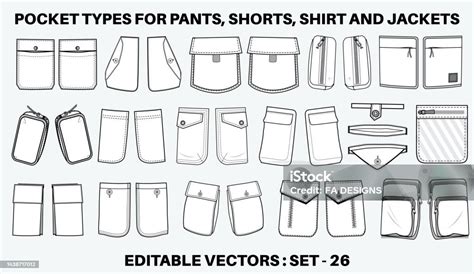 Patch Pocket Flat Sketch Vector Illustration Set Different Types Of