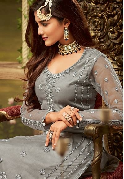 Grey Shade Net Embroidered Sharara Style Pakistani Suit