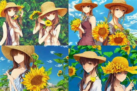 anime girl wearing straw hat holding a sunflower, | Stable Diffusion ...