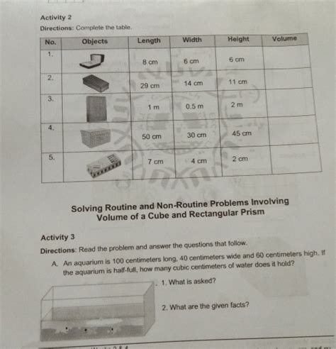 Solved Activity 2 Mplete The Table Solving Routine And Non Routine Problems Involving Volume