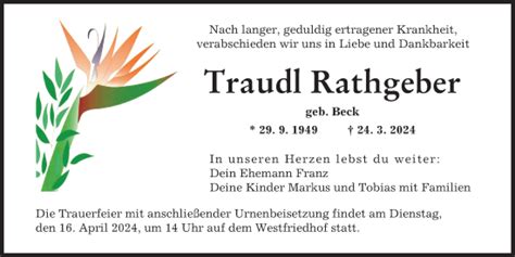 Traueranzeigen von Traudl Rathgeber Allgäuer Zeitung