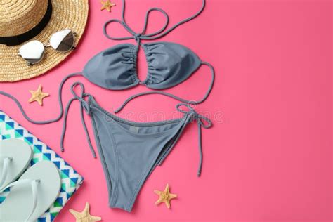 Flat Lay Composition With Stylish Bikini On Pink Space For Text Stock
