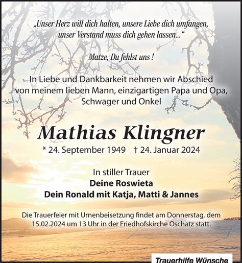 Traueranzeigen Von Mathias Klingner Trauer Anzeigen De