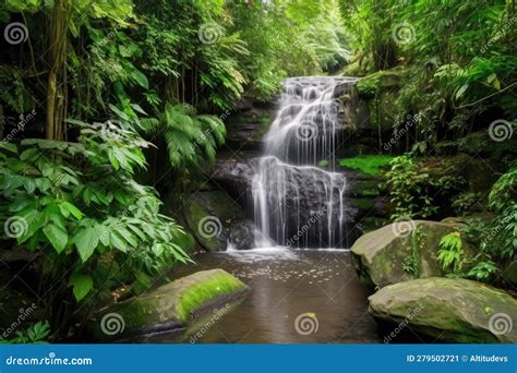 Cascading Waterfall Surrounded By Lush Greenery Stock Image Image Of