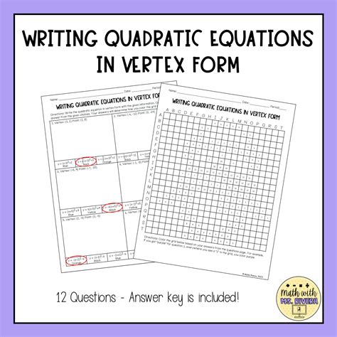 Writing Quadratic Equations in Vertex Form Color by Number Pixel ...