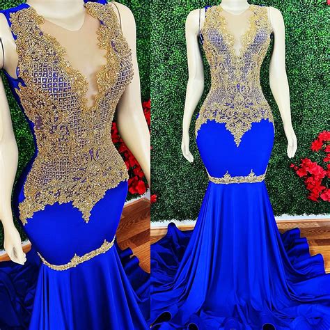 Royal Blue Lace Beaded Satin Blue Mermaid Prom Dress For Arabic