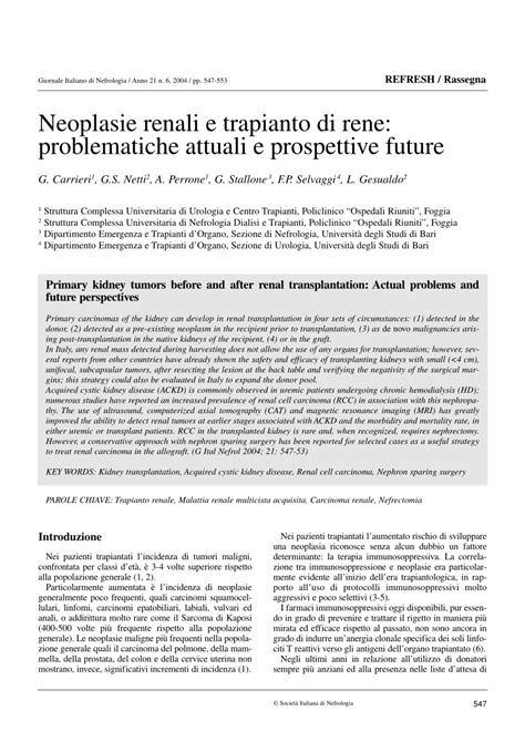 Pdf Neoplasie Renali E Trapianto Di Rene Problematiche Attuali E