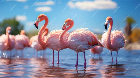 Premium Ai Image Group Of Pink Flamingos On Water Generative Ai