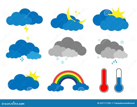 Weerpictogrammen Symbolen Van Regenwolken Regenboogsneeuw Hete En