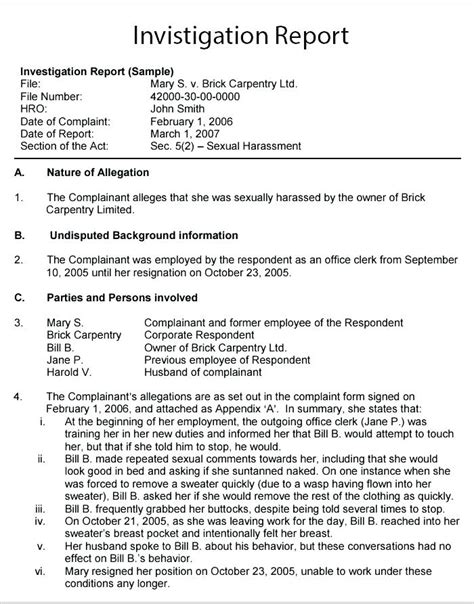 Workplace Investigation Report Template Templates Example