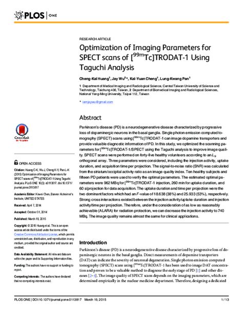 Pdf Optimization Of Imaging Parameters For Spect Scans Of [99mtc